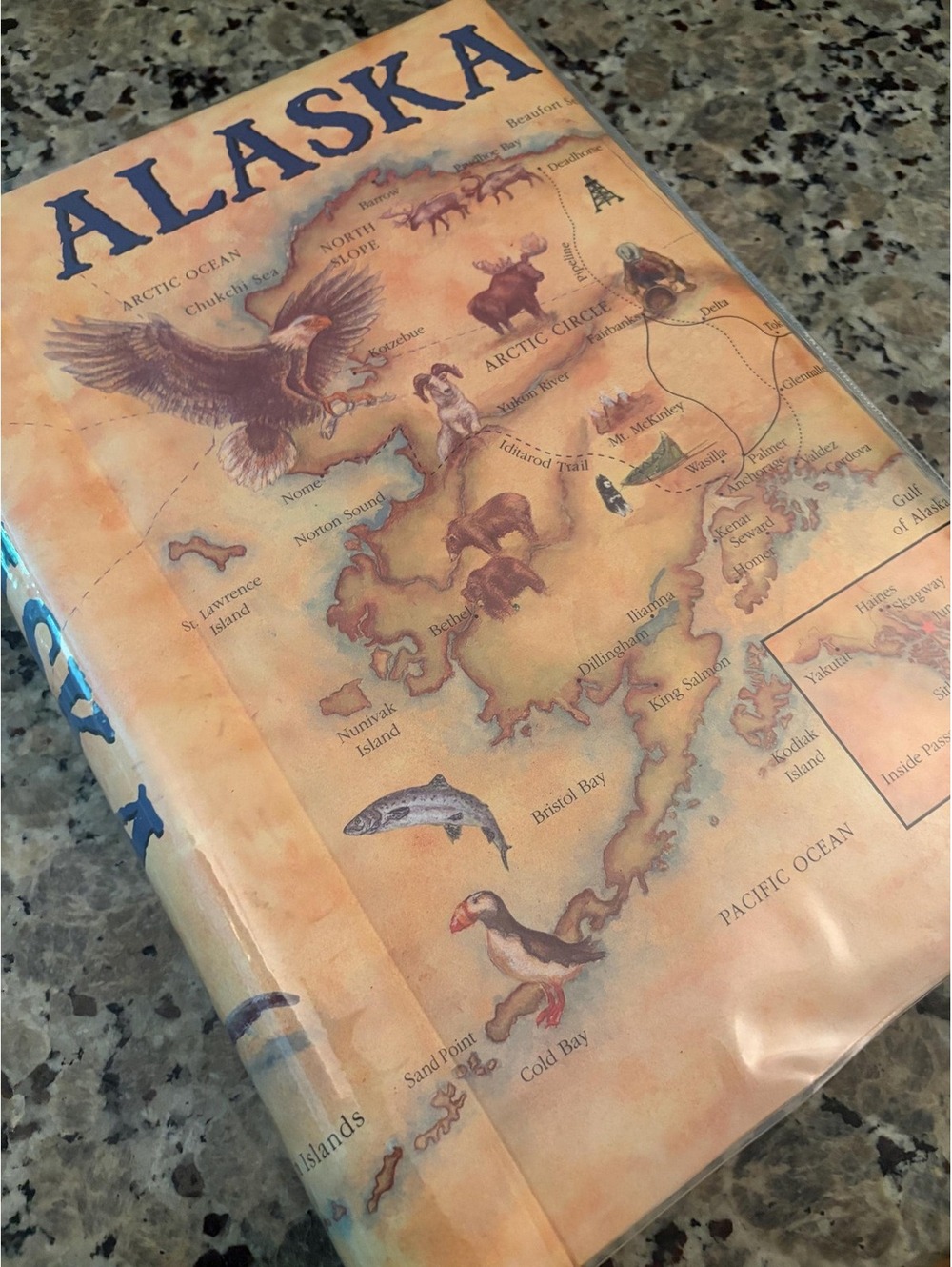 This is a vintage pictorial souvenir photo album featuring a map of Alaska.